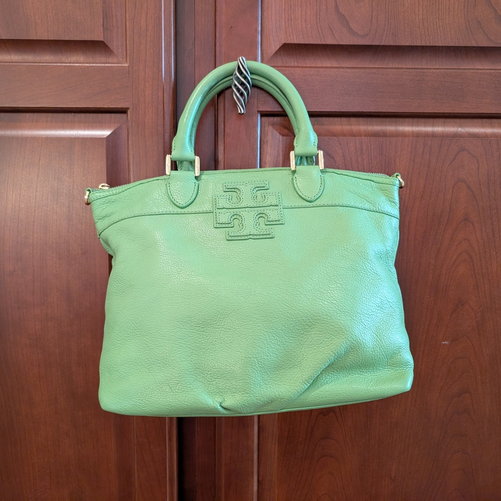 Tory Burch Green Leather Tote Bag Purse - Picture 11 of 13